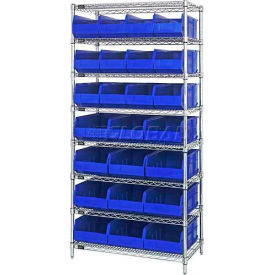 Chrome Wire Shelving w/12 Stackable Shelf Bins Blue, 36x21x74