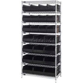 Chrome Wire Shelving with Stackable Shelf Bins Black, 36x21x74