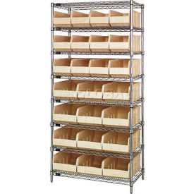 Chrome Wire Shelving w/12 Stackable Shelf Bins Ivory, 36x21x74