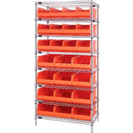 Chrome Wire Shelving w/12 Stackable Shelf Bins Orange, 36x21x74