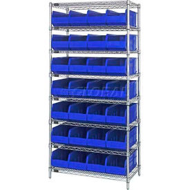 Chrome Wire Shelving with 28 Stackable Shelf Bins Blue, 36x18x74