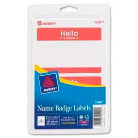 "Hello, my name is" Name Badge Labels, 2-11/32" x 3-3/8", Red, 100 Labels/Pack