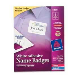 Adhesive Name Badge Labels, 2-1/3" x 3-3/8", White, 400/Box
