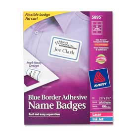 Adhesive Name Badge Labels, 2-1/3" x 3-3/8", Blue Border, 400/Box