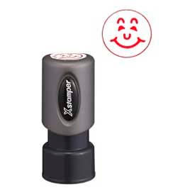 Pre-Inked Design Stamp, HAPPY FACE Design, 5/8" Diameter, Red