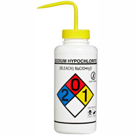 LDPE Wash Bottles 118320015, 1000ml, Sodium Hypochlorite Label, Yellow Cap, Wide Mouth, 2/PK