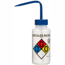LDPE Wash Bottles, 250ml, Distilled Water Label, Blue Cap, Wide Mouth, 4/PK