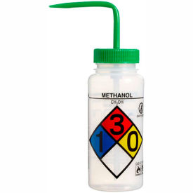 LDPE Wash Bottles 500ml, Methanol Label, Green Cap, Wide Mouth, 4/PK