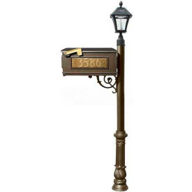Mailbox, Post (Ornate Base & Black Bayview Solar Lamp), w/3 Address Plates, Support Brace, Bronze