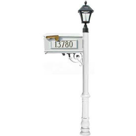Mailbox, Post (Ornate Base & Black Bayview Solar Lamp), w/3 Address Plates, Support Brace, White