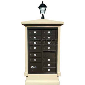 Stucco CBU Mailbox Center, SHORT Pedestal in Sandstone Color with Bayview Solar Lamp