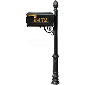 Mailbox, Post (Ornate Base & Pineapple Finial), with Vinyl Numbers, Support Brace, Black