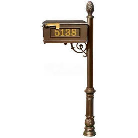 Mailbox, Post (Ornate Base & Pineapple Finial), with Vinyl Numbers, Support Brace, Bronze