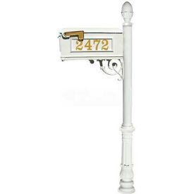 Mailbox, Post (Ornate Base & Pineapple Finial), with Vinyl Numbers, Support Brace, White