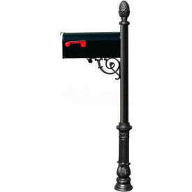 Econ.Mailbox, Post(Ornate Base & Pineapple Finial), Support Brace, Mounting Plate, Black