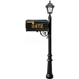 Mailbox, Post (Fluted Base & Black Bayview Solar Lamp), with Vinyl Numbers, Support Brace