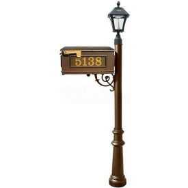 Mailbox, Post (Fluted Base & Black Bayview Solar Lamp), with Vinyl Numbers, Support Brace, Bronze