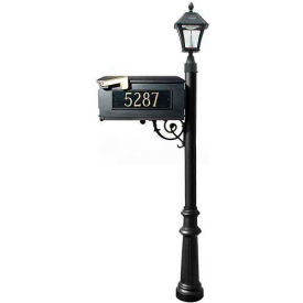 Mailbox, Post with Fluted Base and Black Bayview Solar Lamp, with 3 Address Plates, Support Brace, Black