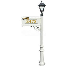 Mailbox, Post with Fluted Base & Black Solar Lamp, Vinyl Numbers, Support Brace, White