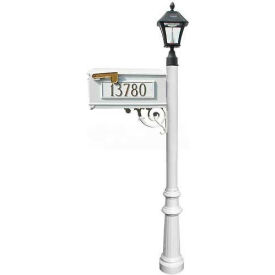 Mailbox, Post (Fluted Base & Black Bayview Solar Lamp), w/3 Address Plates, Support Brace, White
