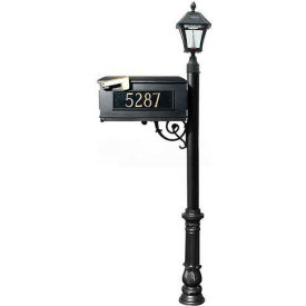 Mailbox, Post (Ornate Base & Black Bayview Solar Lamp), w/3 Address Plates, Support Brace, Black