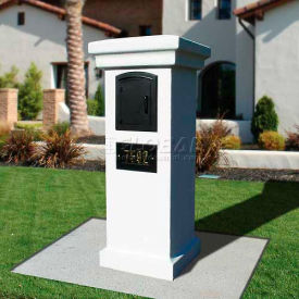 Manchester Stucco Locking Column Mailbox, Slate Gray w/Decorative Fleur De Lis Door, Antique Copper