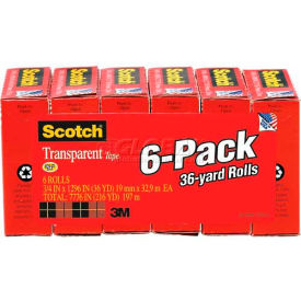Transparent Tape, 3/4" x 1296", 1" Core, 6 Rolls/Pack