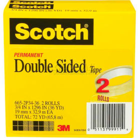 Double Sided Tape, 3/4" x 1296", 3" Core, 2 Rolls/PK