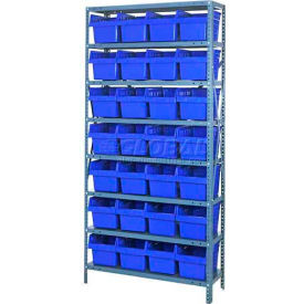 Steel Shelving with 28 8"H Plastic Shelf Bins Blue, 36x12x75 Shelves