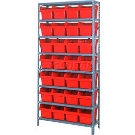 Steel Shelving with 28 8"H Plastic Shelf Bins Red, 36x18x75-SB8 Shelves