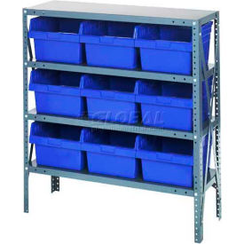 Steel Shelving with 9 8"H Plastic Shelf Bins Blue, 36x12x39-4 Shelves