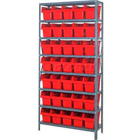 Steel Shelving with 35 8"H Plastic Shelf Bins Red, 36x18x75 Shelves