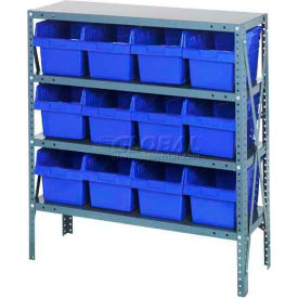Steel Shelving with 12 8"H Plastic Shelf Bins Blue, 36x12x39, 4 Shelves