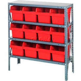 Steel Shelving with 12 8"H Plastic Shelf Bins Red, 36x12x39-SB4 Shelves