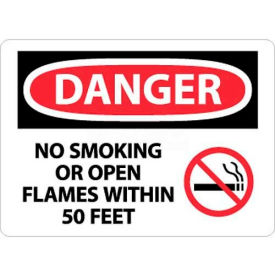OSHA Sign, Danger No Smoking Or Open Flames Within 50 Feet, 10" X 14", White/Red/Black