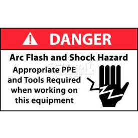 Arc Flash Labels, Danger Arc Flash & Shock Hazard Appropriate PPE, 3" X 5", Wht/Rd/Blk