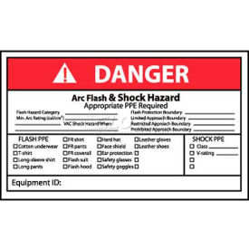 Arc Flash Labels, Danger Arc Flash & Shock Hazard, 3" X 5", White/Red/Black