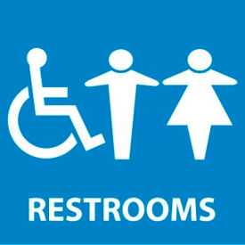 See Sign, Restrooms, 7" X 7", White/Blue