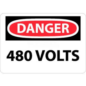 OSHA Sign, Danger 480 Volts, 7" X 10", White/Red/Black