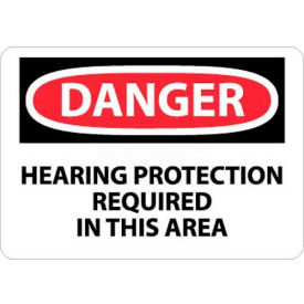 OSHA Sign, Danger Hearing Protection Required In This Area, 10" X 14", White/Red/Black