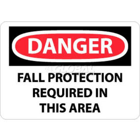 Danger Fall Protection Required In This Area, 10" X 14", White/Red/Black
