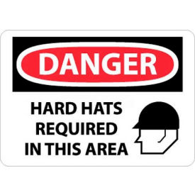 OSHA Sign, Danger Hard Hats Required In This Area, 10" X 14", White/Red/Black