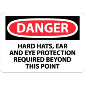 OSHA Sign, Danger Hard Hats, Ear & Eye Protection Required, 10" X 14", Wht/Rd/Blk