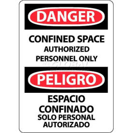 OSHA Sign, Danger Confined Space Authorized Personnel Only, Bilingual, 14" X 10", White/Red/Black