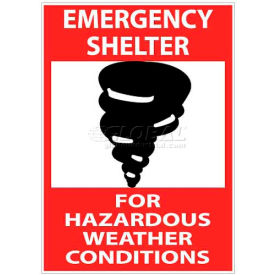 Sign, Emergency Shelter For Hazardous Weather Conditions, 14" X 10", White/Red/Black