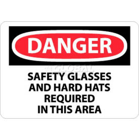 Danger Safety Glasses & Hard Hats Required In This Area, 10" X 14", Wht/Rd/Blk