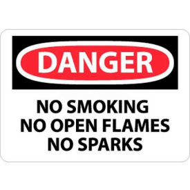 OSHA Sign, Danger No Smoking No Open Flames No Sparks, 10" X 14", White/Red/Black