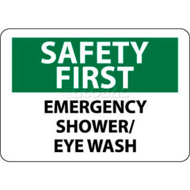Safety First - Emergency Shower/Eye Wash Sign, 10" X 14", White/Green/Black