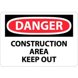 OSHA Sign, Danger Construction Area Keep Out, 10" X 14", White/Red/Black