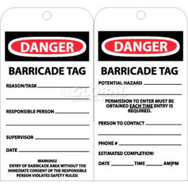 Tags, Danger Barricade Tag, 6" X 3", White/Red/Black, 25/Pk